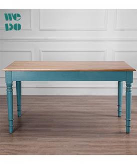  French Blue Tufted Oblong Wood Dining Table 